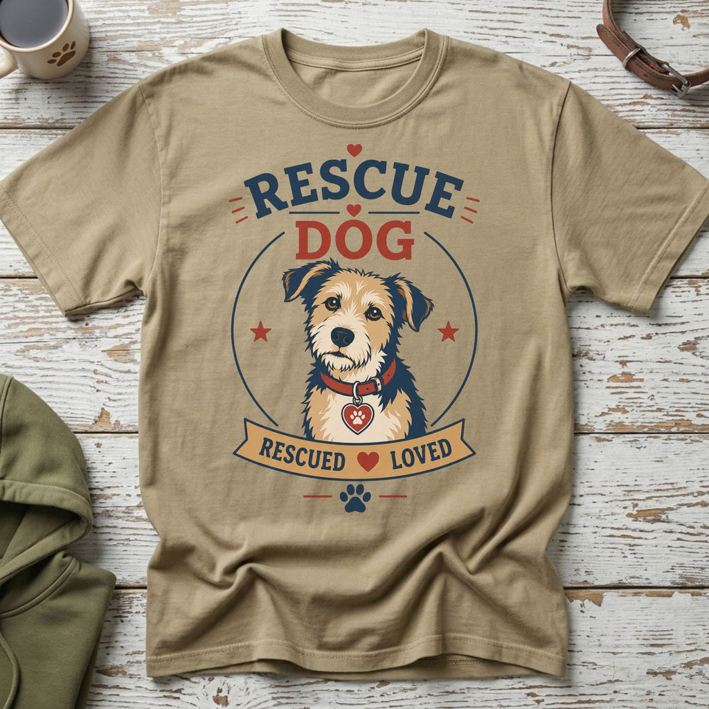T-shirt with "Rescue Dog" text and a scruffy dog illustration wearing a heart tag.