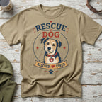 T-shirt with "Rescue Dog" text and a scruffy dog illustration wearing a heart tag.