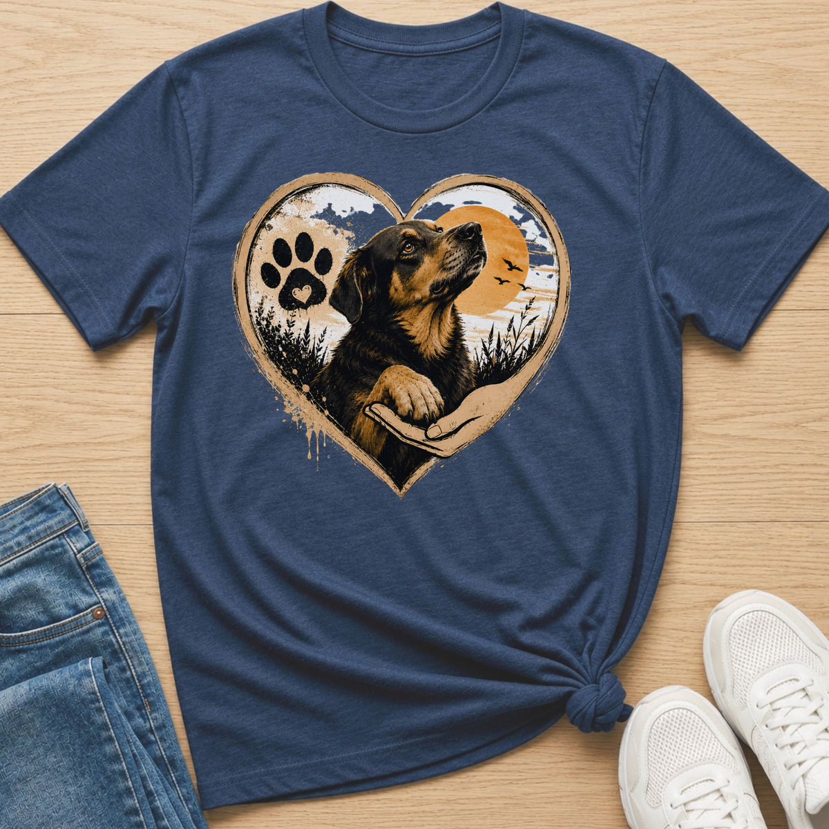 Dog with paw print and heart in a sunset landscape, printed on a navy t-shirt.