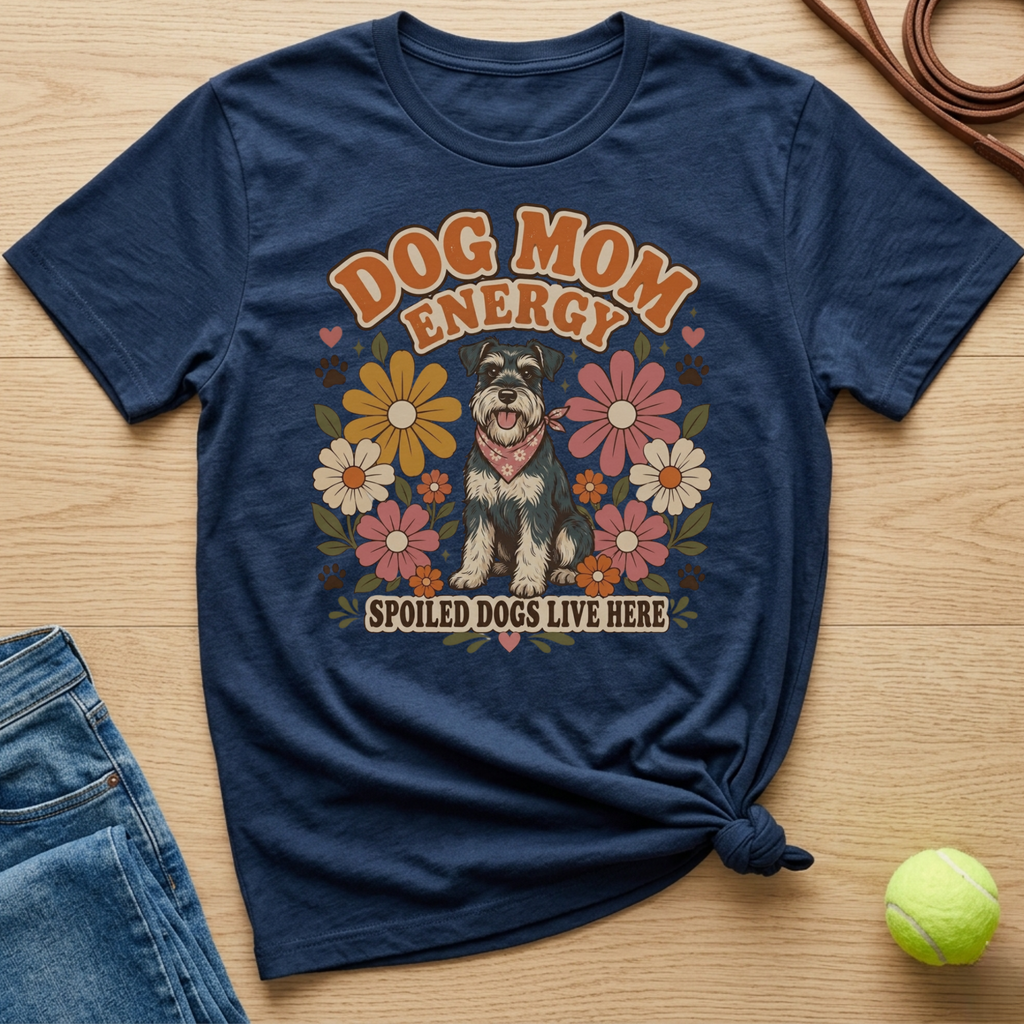 Navy t-shirt with "Dog Mom Energy" and a schnauzer surrounded by retro flowers.