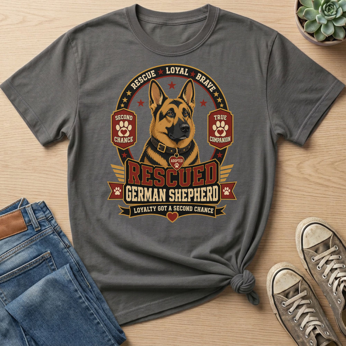 Rescued German Shepherd graphic with text "Rescue Loyal Brave" and "Loyalty Got a Second Chance".