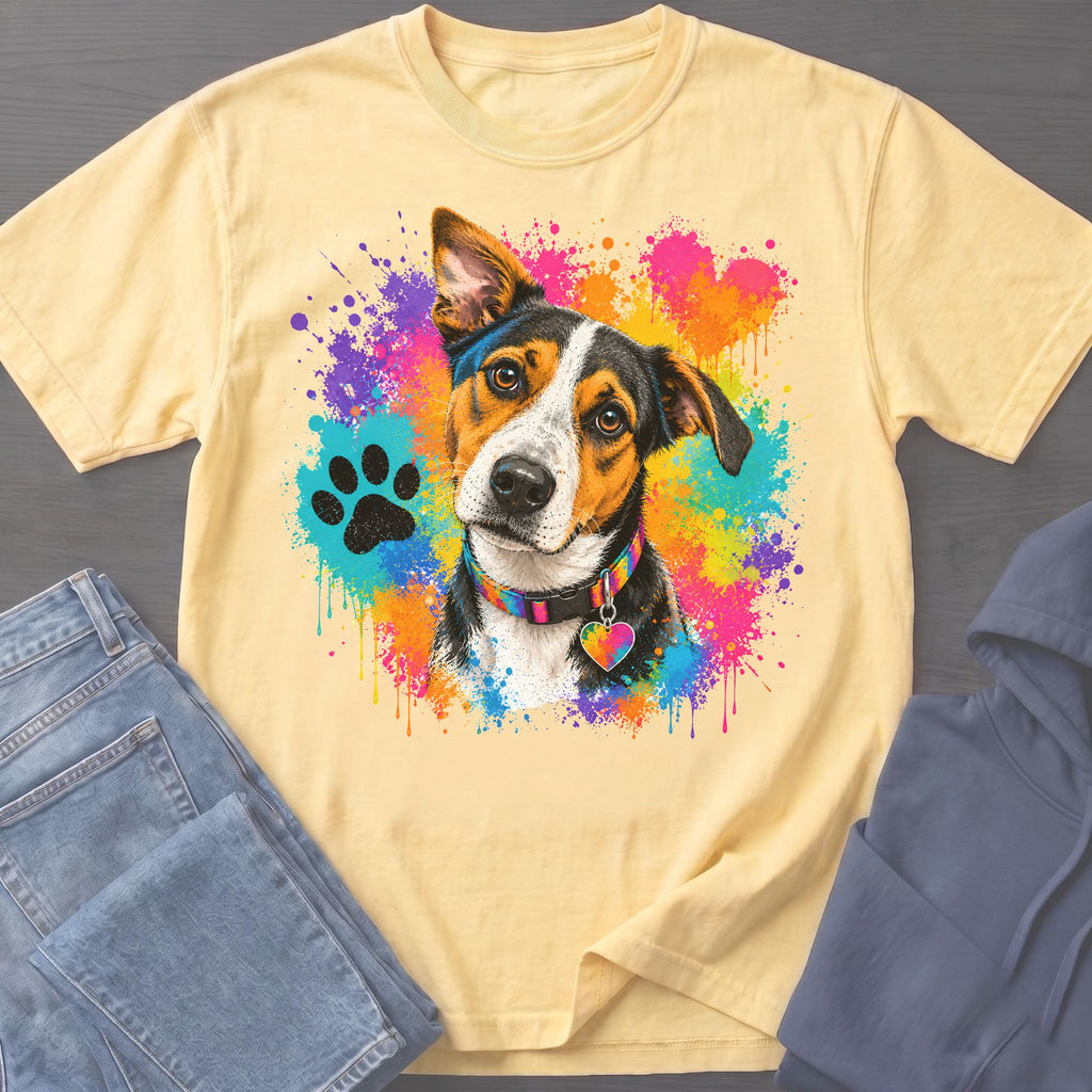 Light yellow t-shirt with colorful paint splatters and a dog wearing a rainbow collar.