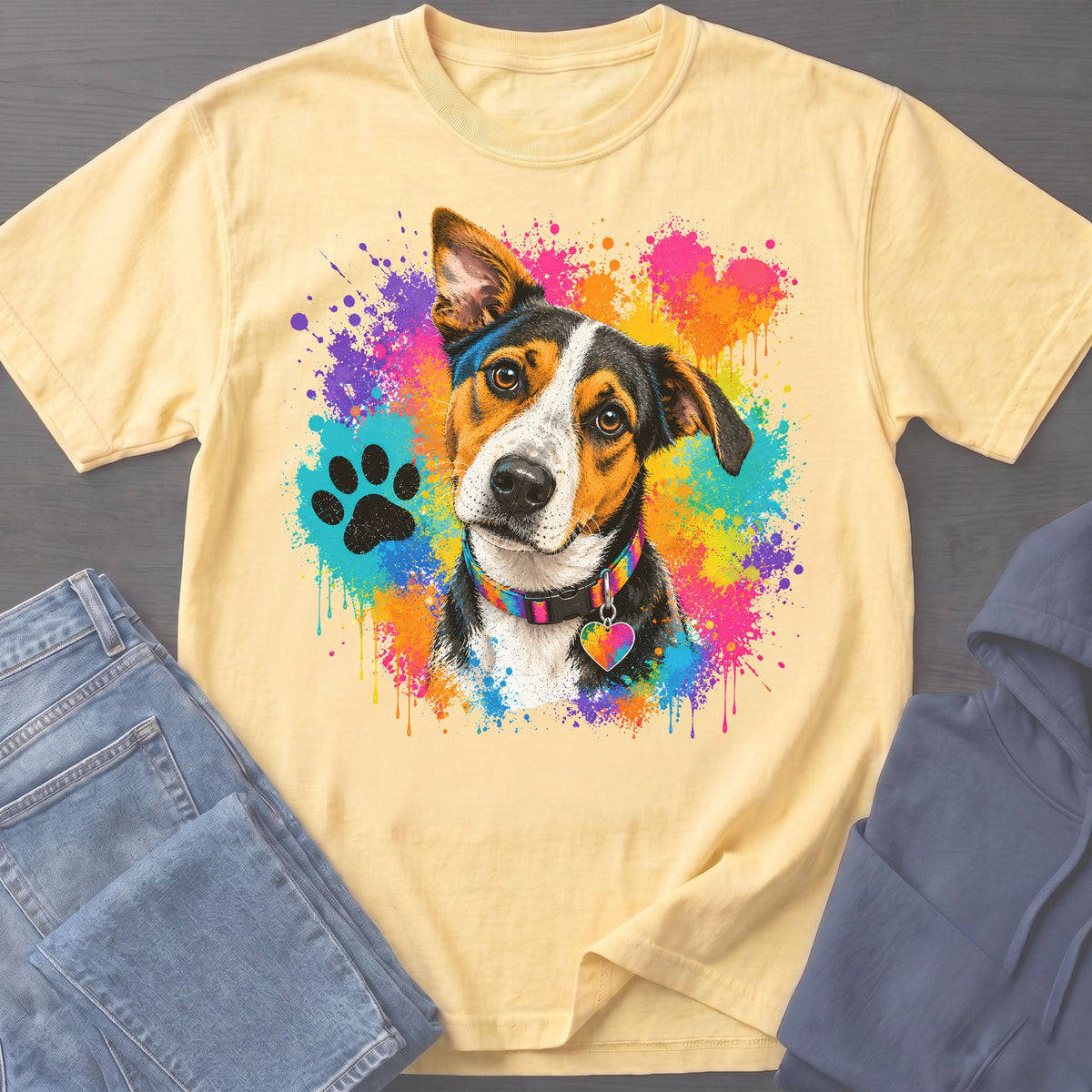 Light yellow t-shirt with colorful paint splatters and a dog wearing a rainbow collar.
