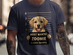 Labrador retriever mugshot on a navy t-shirt, "Most Wanted Zoomie Reckless Speeding."