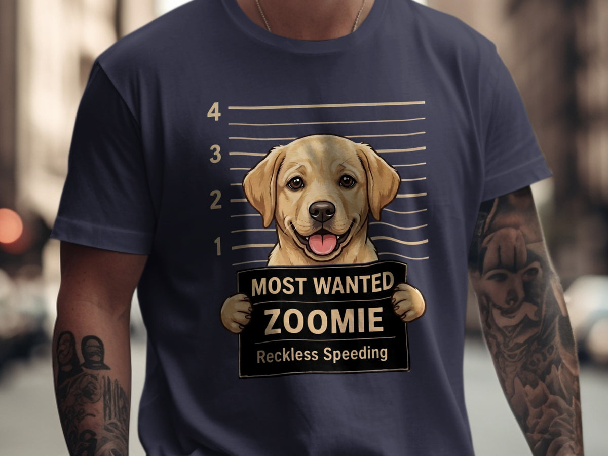 Labrador retriever mugshot on a navy t-shirt, "Most Wanted Zoomie Reckless Speeding."