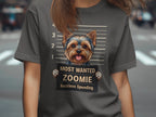 Yorkshire terrier mugshot graphic with "Most Wanted Zoomie Reckless Speeding" text.