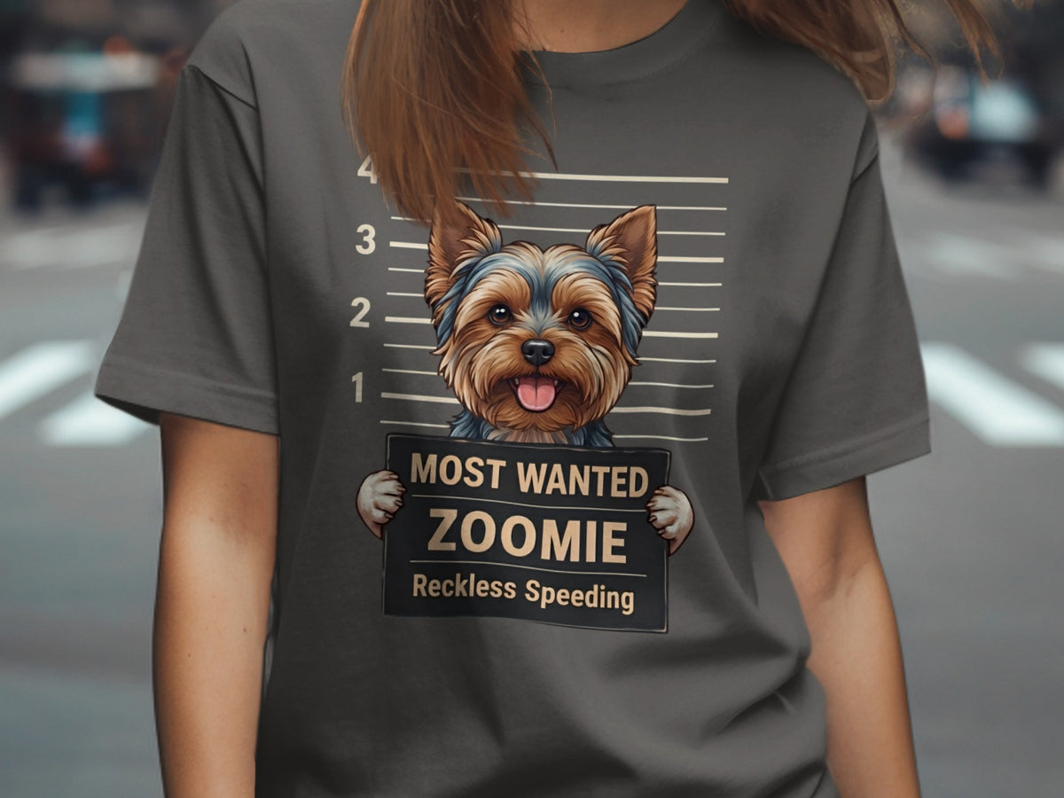Yorkshire terrier mugshot graphic with "Most Wanted Zoomie Reckless Speeding" text.