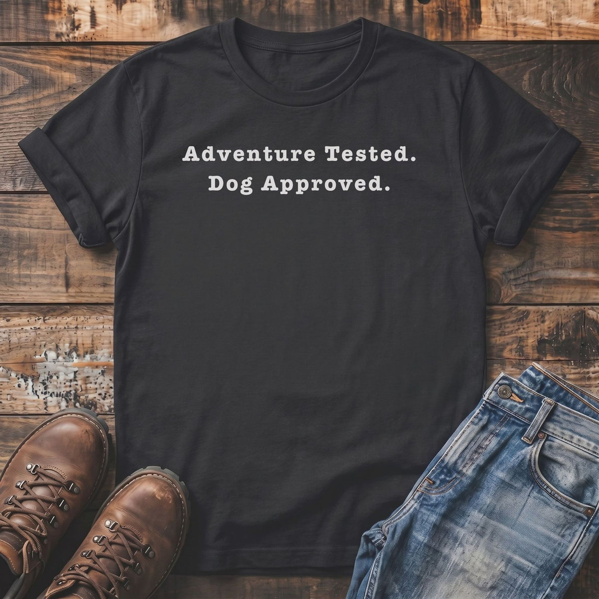Black t-shirt with "Adventure Tested. Dog Approved." text, boots, and jeans.