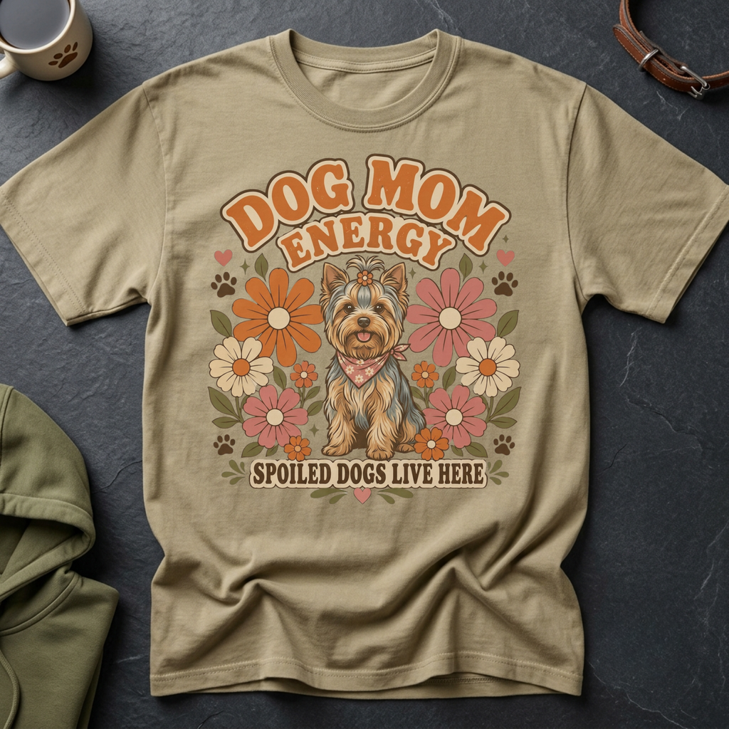 T-shirt with retro "Dog Mom Energy" design featuring a Yorkshire Terrier and flowers.