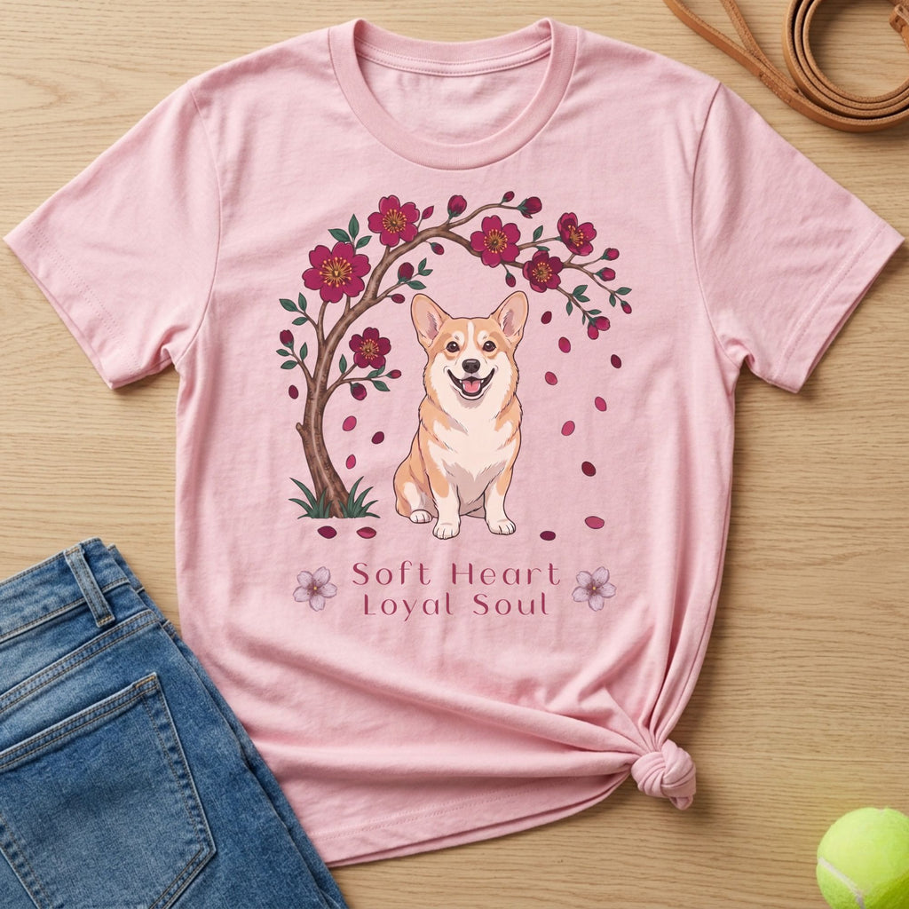 Pink t-shirt with a corgi under a cherry blossom tree and text "Soft Heart Loyal Soul".