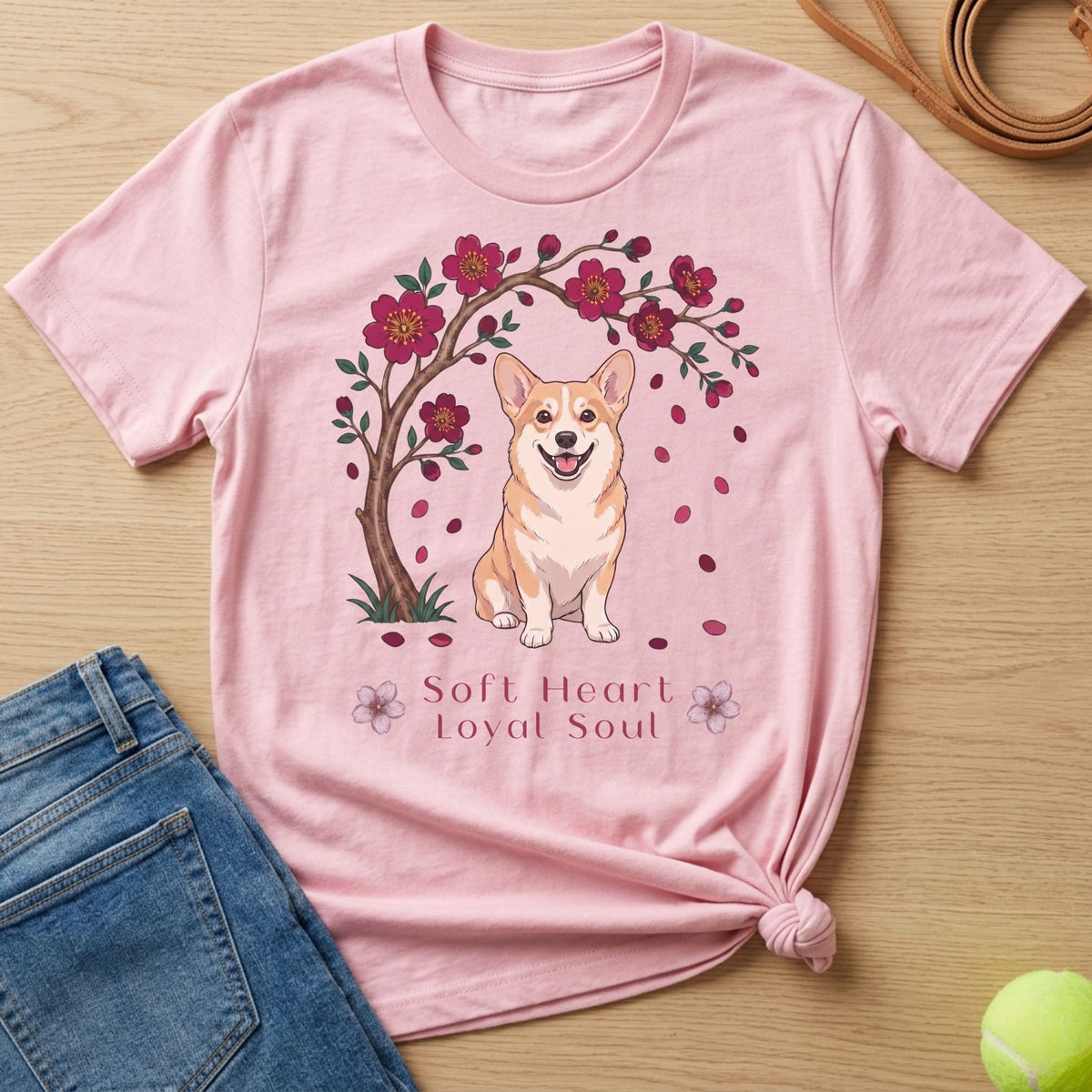 Pink t-shirt with a corgi under a cherry blossom tree and text "Soft Heart Loyal Soul".