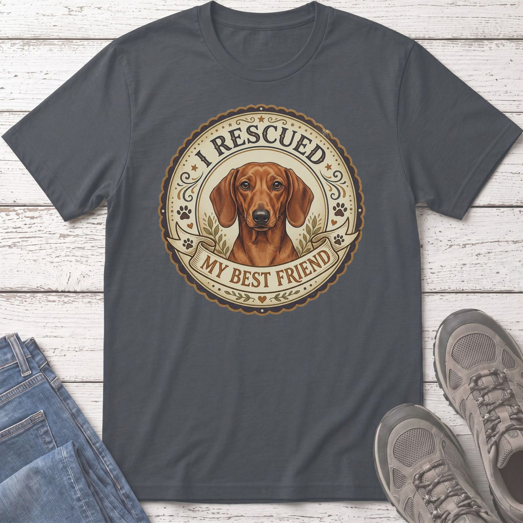 Dark grey t-shirt with a dachshund graphic reading "I RESCUED MY BEST FRIEND".