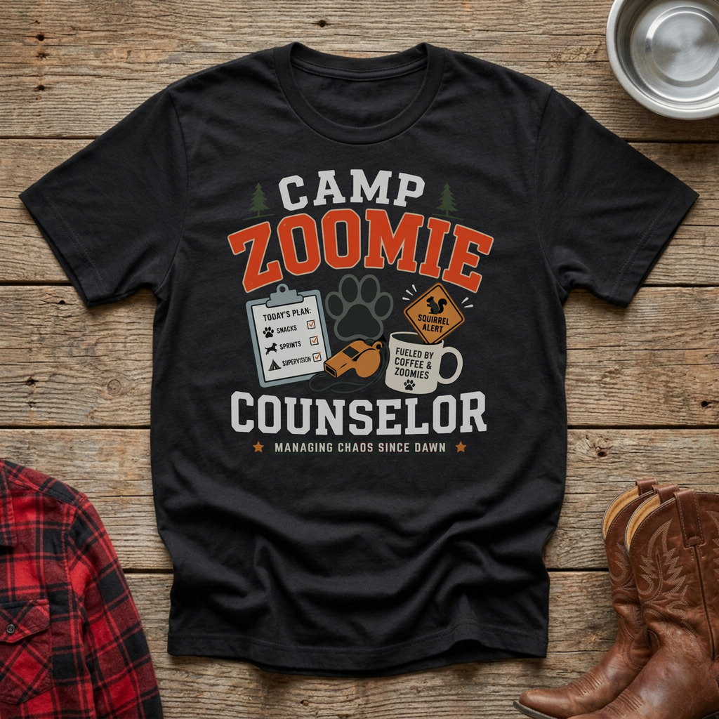 Black t-shirt with "Camp Zoomie Counselor" and graphics of a clipboard, paw print, and coffee mug.