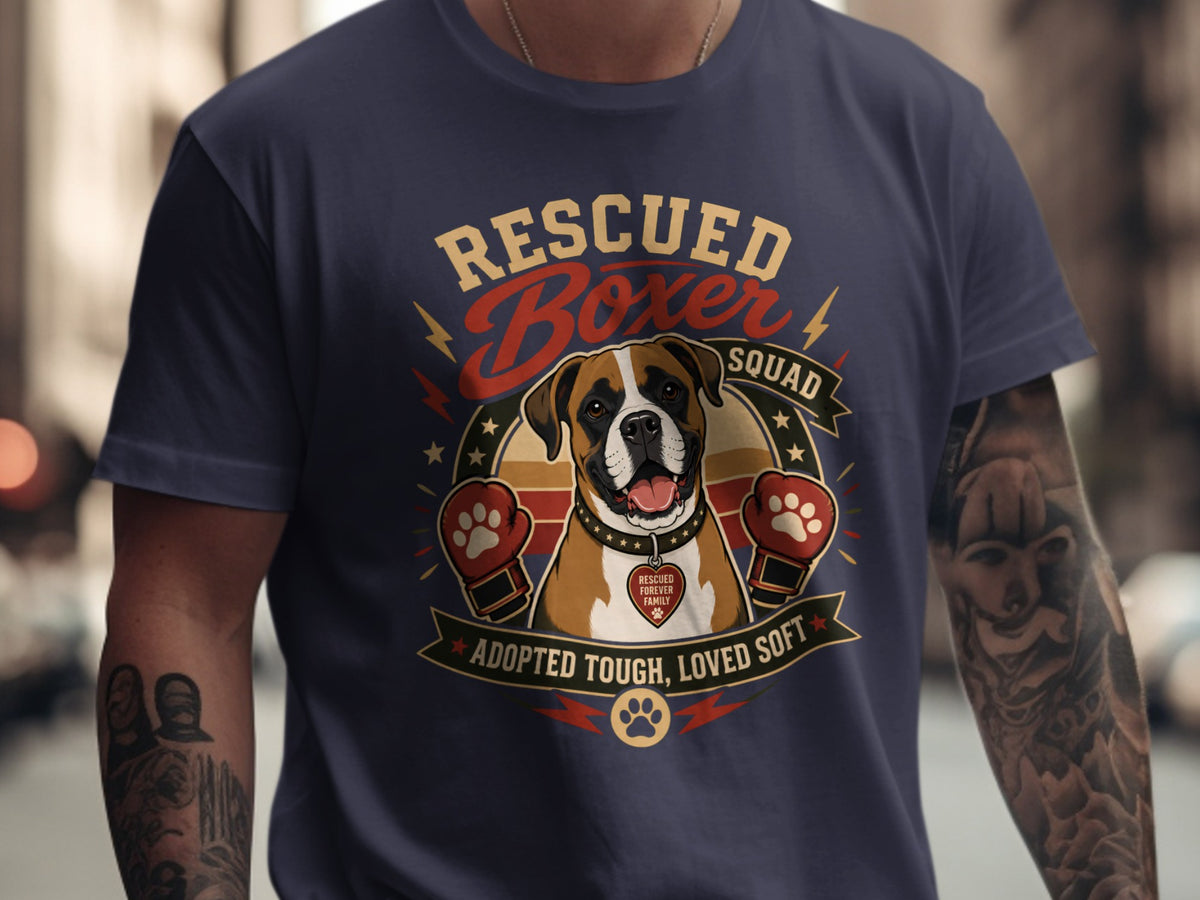 Dark navy t-shirt with Boxer dog graphic and text.