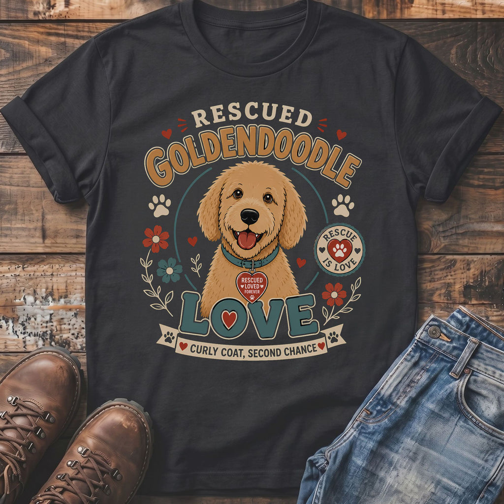 Rescued Goldendoodle with "Love" and "Curly Coat, Second Chance" text.