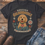 Rescued Goldendoodle with "Love" and "Curly Coat, Second Chance" text.
