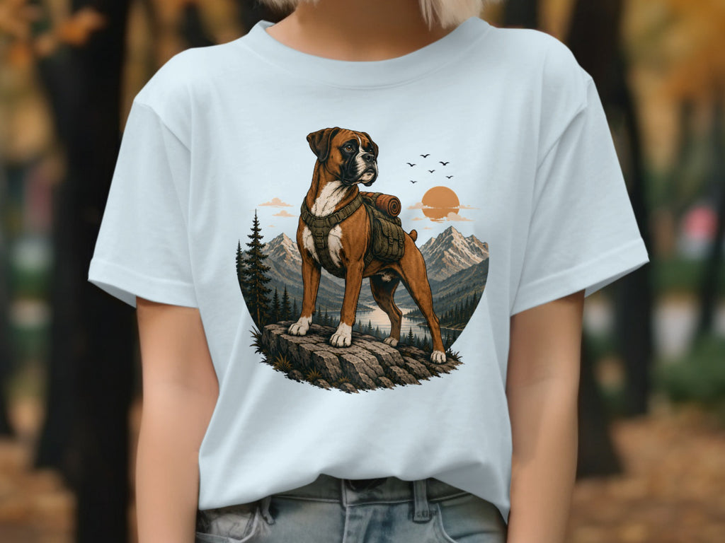 Boxer dog with backpack on rock overlooking lake and mountains at sunset.