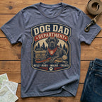 Dog Dad Department graphic with dog, leash, ball, and text "Belly Rubs Walks Treats."