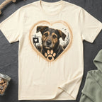 Cream t-shirt with a dog's portrait inside a heart, next to a paw print.