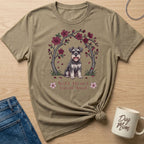 T-shirt with a Schnauzer dog sitting in a floral wreath and "Soft Heart Loyal Soul" text.