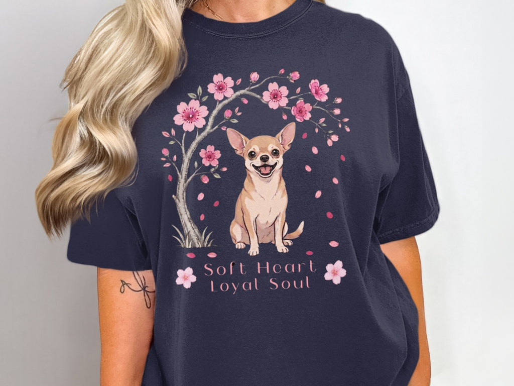 Chihuahua under cherry blossoms with text "Soft Heart Loyal Soul."