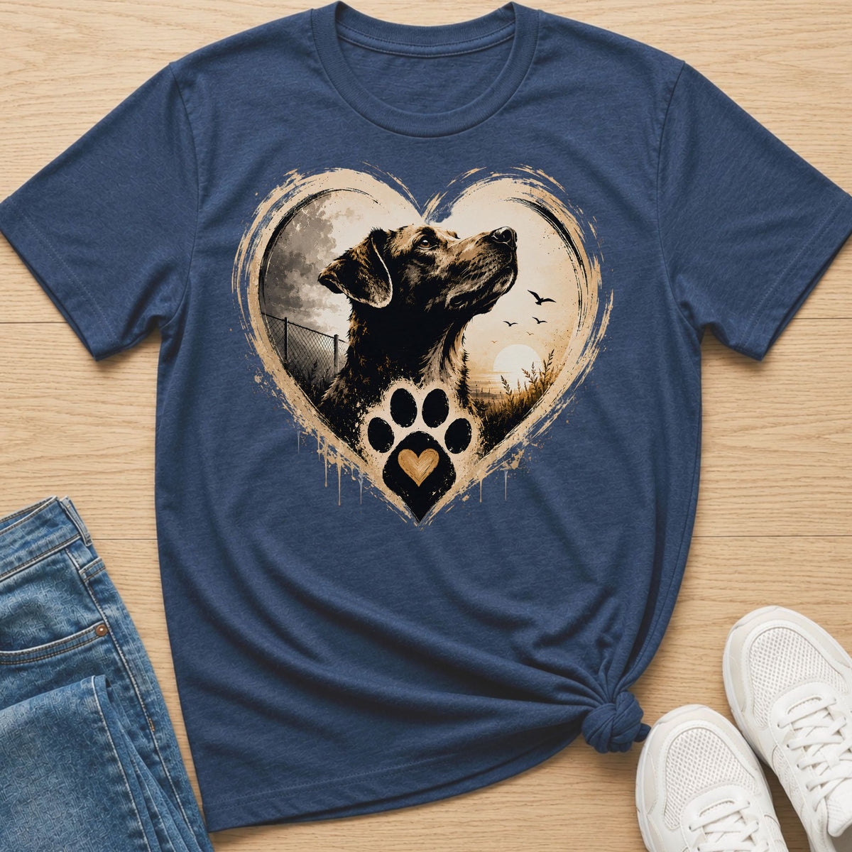 Dark blue t-shirt with a heart graphic featuring a dog and paw print.