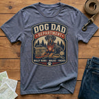 Dog Dad Department t-shirt with Doberman, leash, ball, and text.