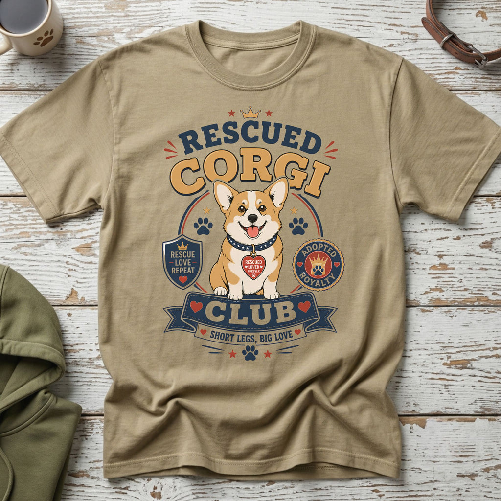 T-shirt graphic: "Rescued Corgi Club" with a corgi, paw prints, and hearts.
