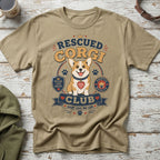 T-shirt graphic: "Rescued Corgi Club" with a corgi, paw prints, and hearts.