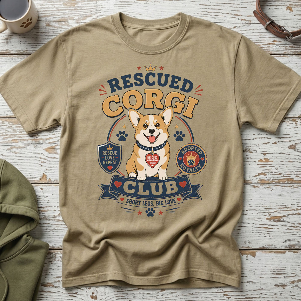 T-shirt graphic: "Rescued Corgi Club" with a corgi, paw prints, and hearts.