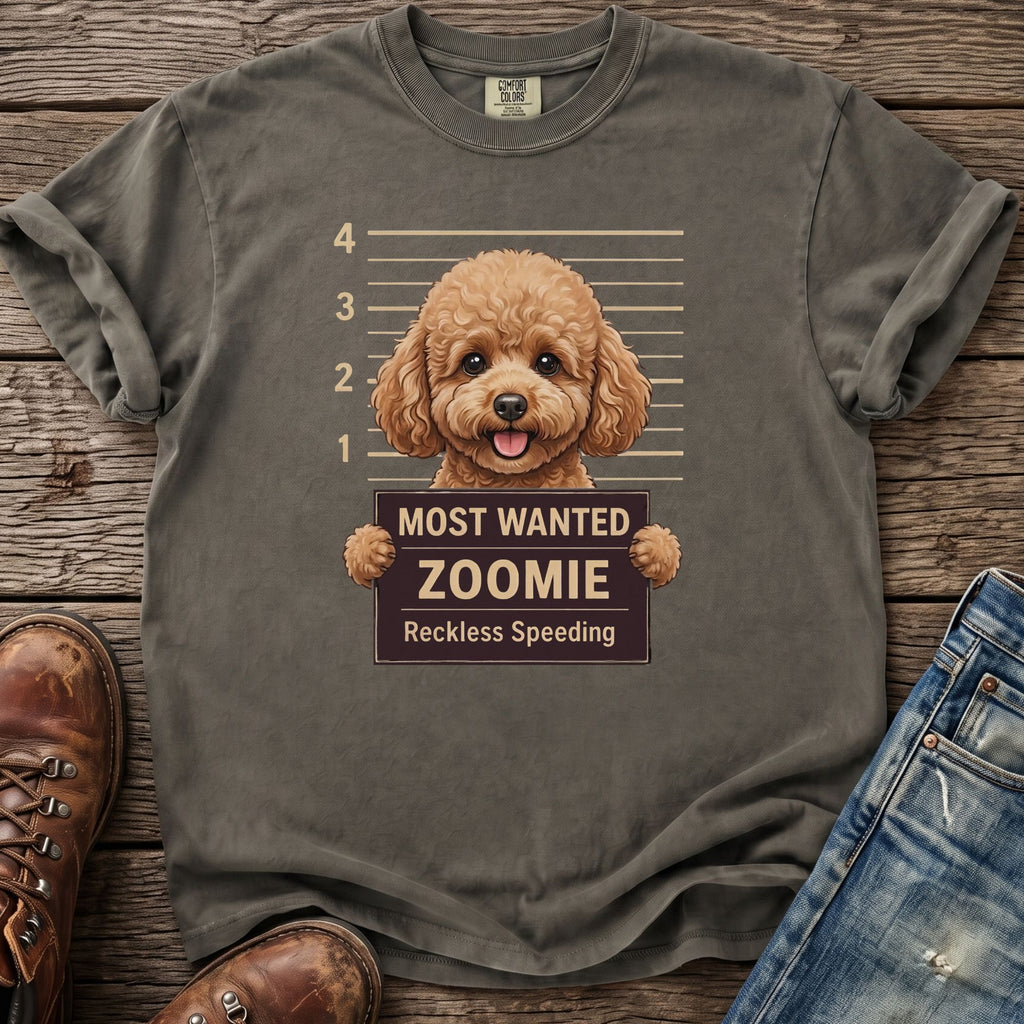 T-shirt with cartoon poodle in mugshot: Most Wanted Zoomie, Reckless Speeding.