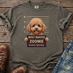 T-shirt with cartoon poodle in mugshot: Most Wanted Zoomie, Reckless Speeding.