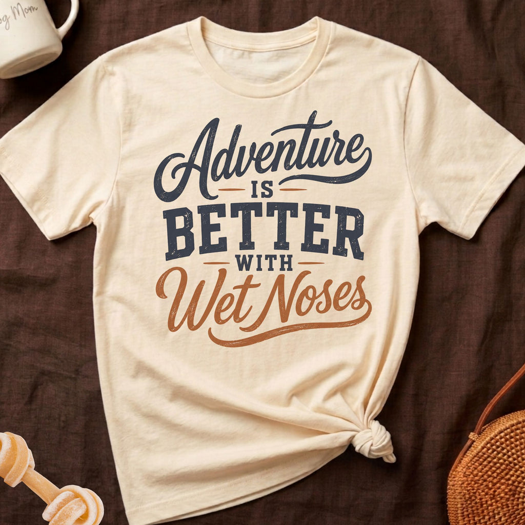 Cream t-shirt with "Adventure is Better with Wet Noses" graphic.