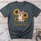 Dark gray t-shirt with Corgi and sunflowers graphic and text "You Are My Sunshine Pup."