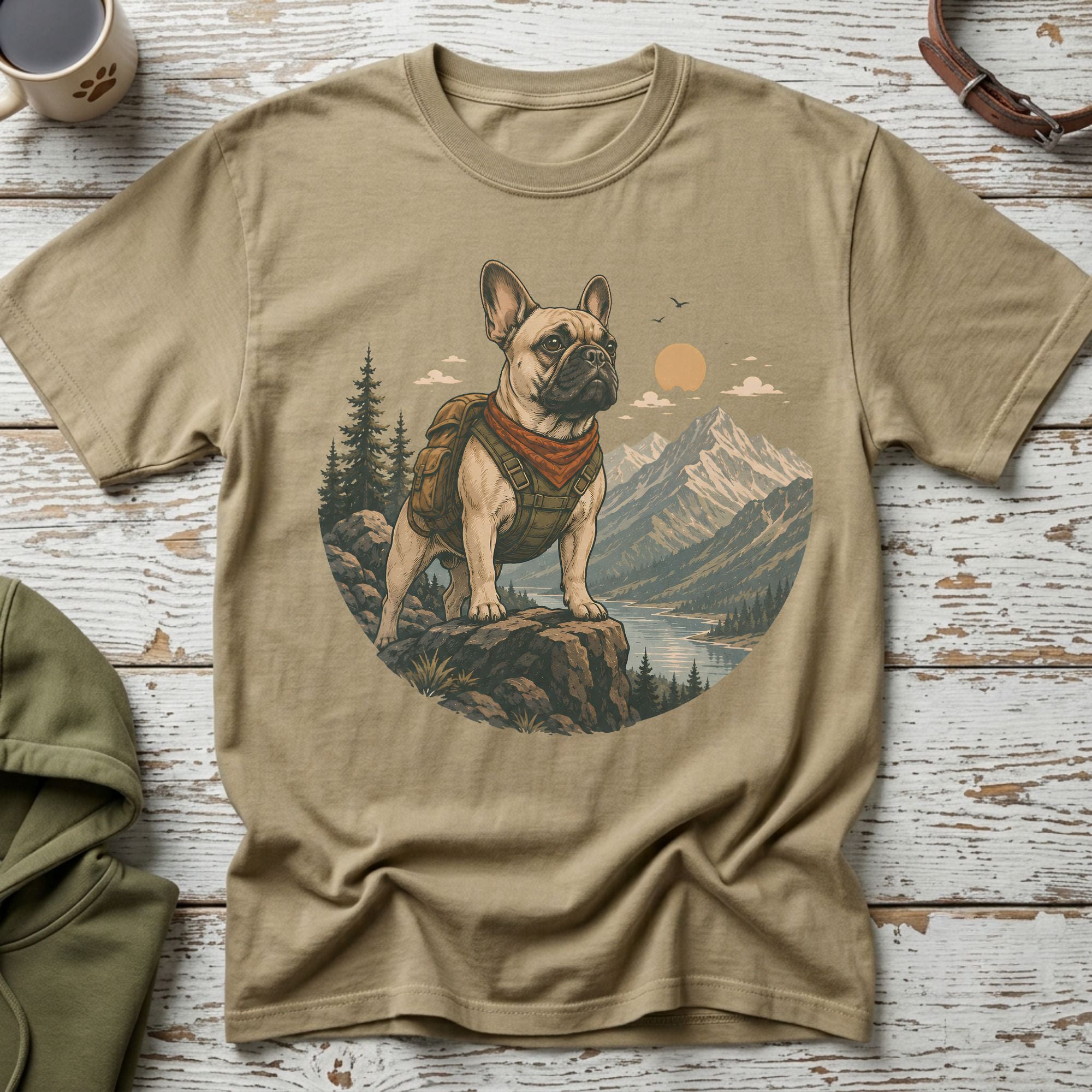 French bulldog wearing a backpack and bandana stands on rocks overlooking a mountain lake.
