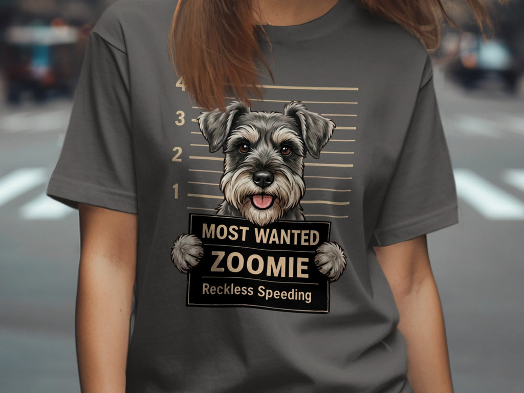 Schnauzer mugshot graphic with "Most Wanted Zoomie Reckless Speeding" text.