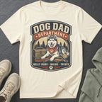 Cream t-shirt with "Dog Dad Department" design featuring a husky, toolbox, and leashes.
