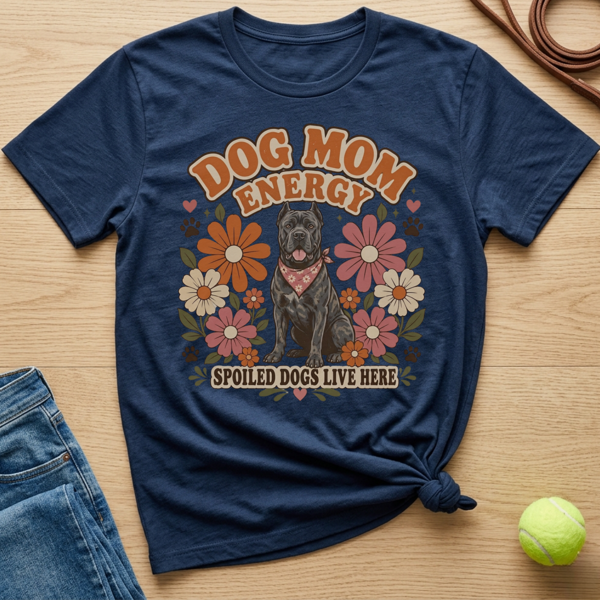 Navy t-shirt with "Dog Mom Energy" and "Spoiled Dogs Live Here" text, featuring a dog.