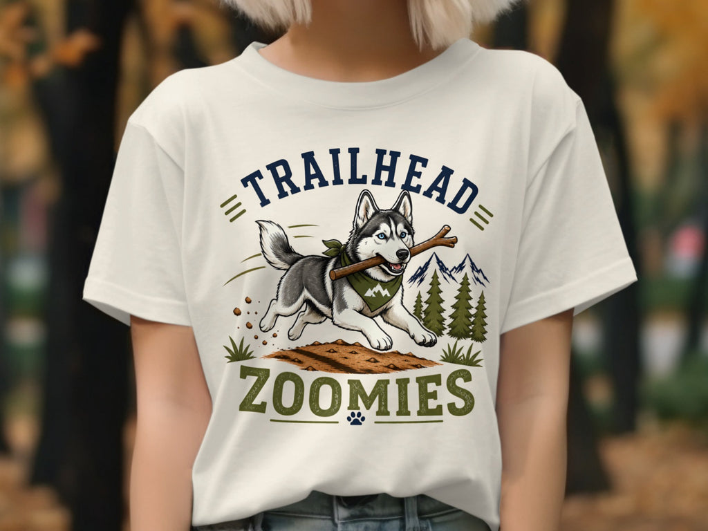 Husky on shirt with "TRAILHEAD ZOOMIES" text, carrying a stick.