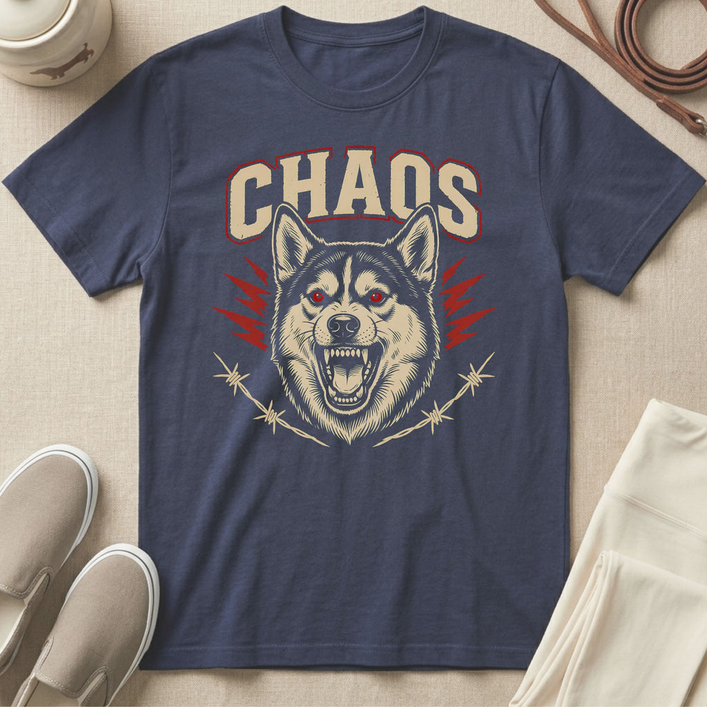 Navy t-shirt with "CHAOS" text and snarling wolf graphic with barbed wire.