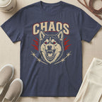 Navy t-shirt with "CHAOS" text and snarling wolf graphic with barbed wire.