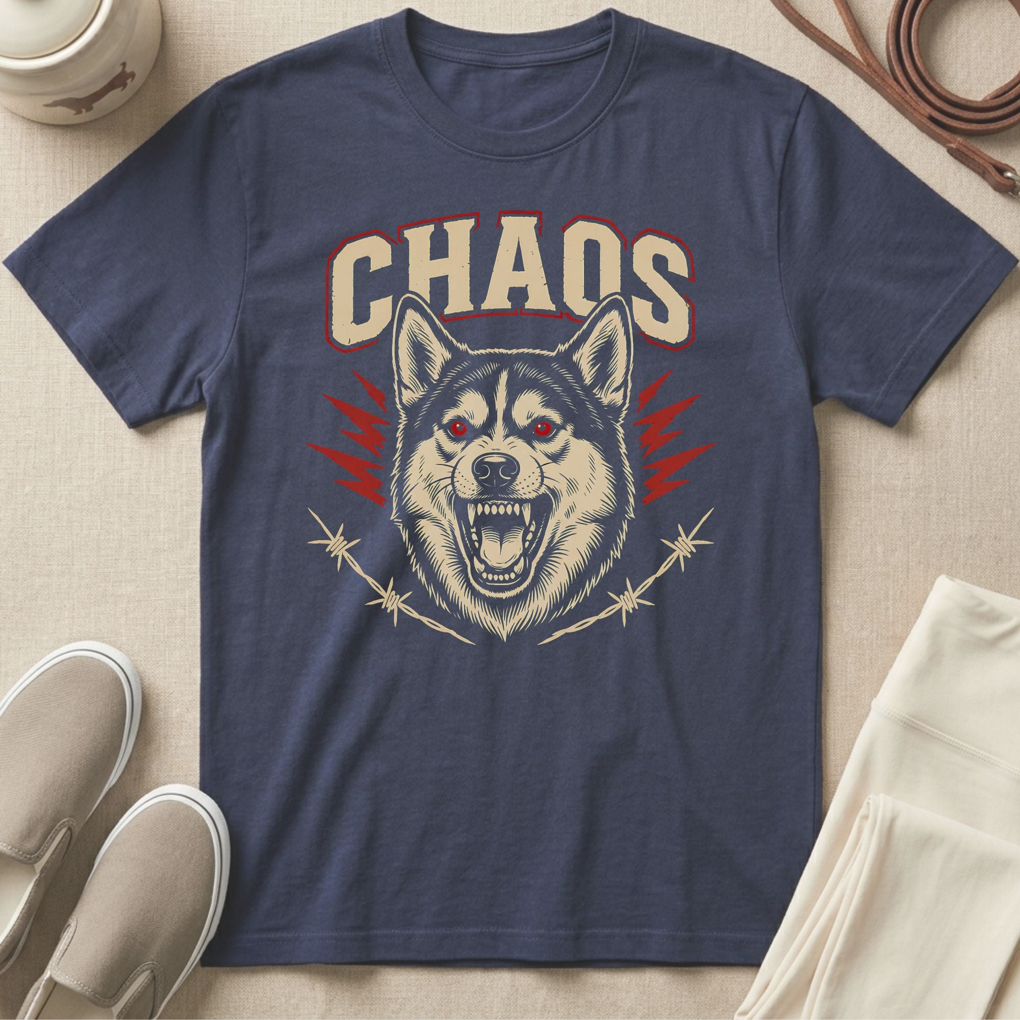 Navy t-shirt with "CHAOS" text and snarling wolf graphic with barbed wire.