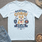 Light blue t-shirt with rescued corgi graphic and text "Rescued Corgi Club".