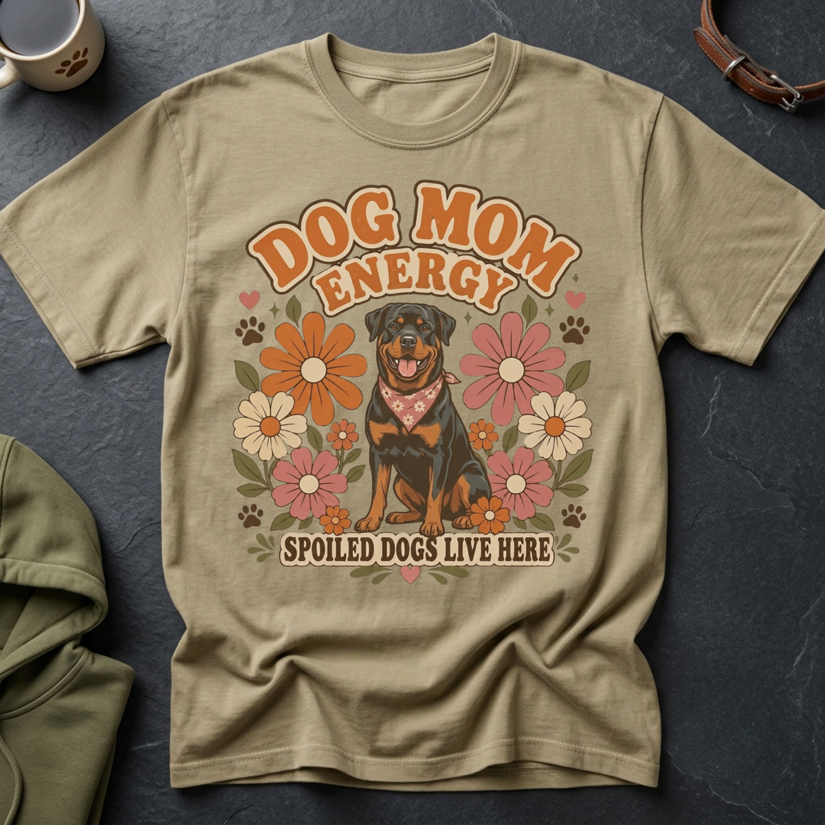 Rottweiler dog graphic tee with "Dog Mom Energy" and "Spoiled Dogs Live Here" text.