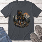 Rottweiler wearing backpack on rocky outcrop with mountains and sunset in background