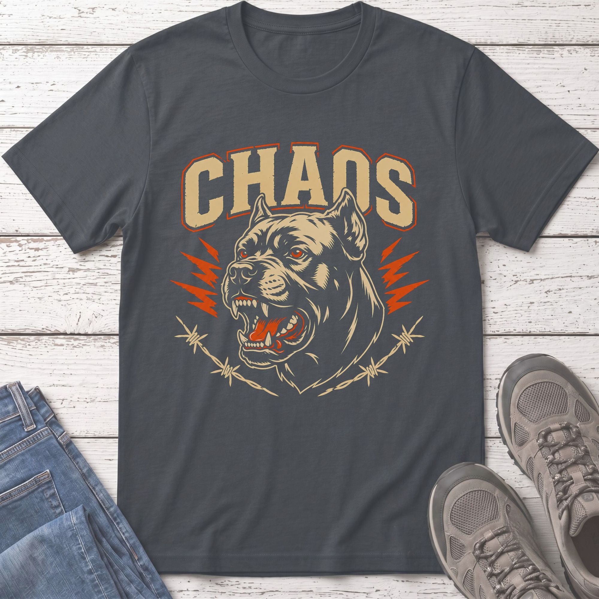 Dark gray t-shirt with a roaring dog and the word "CHAOS" design.