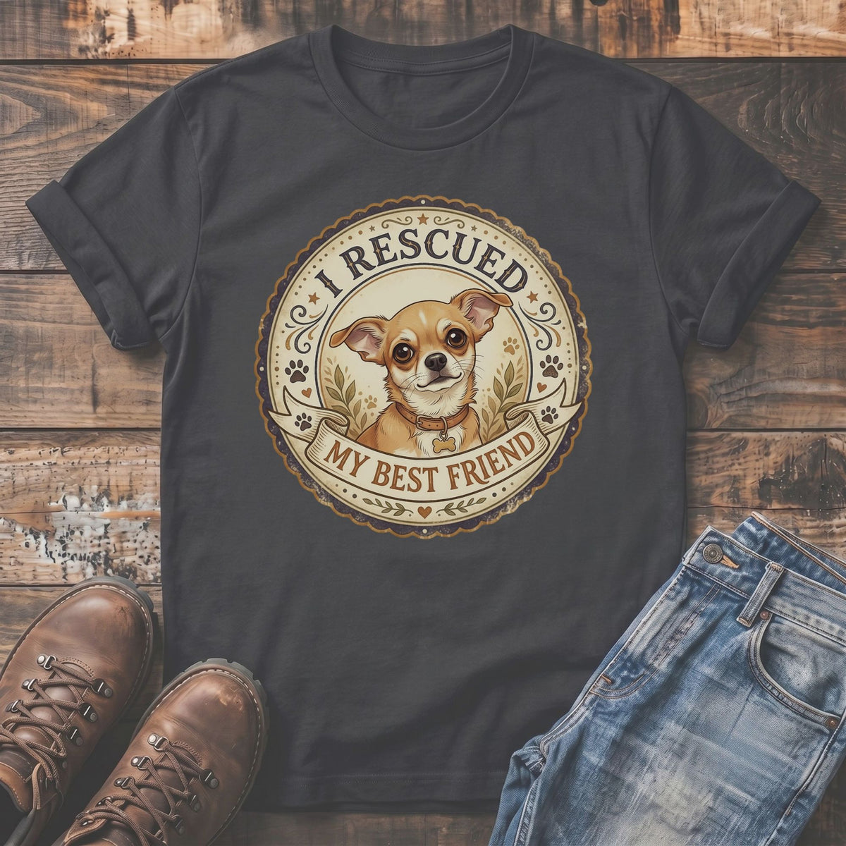 Dark grey t-shirt with rescued Chihuahua graphic reading "I Rescued My Best Friend."