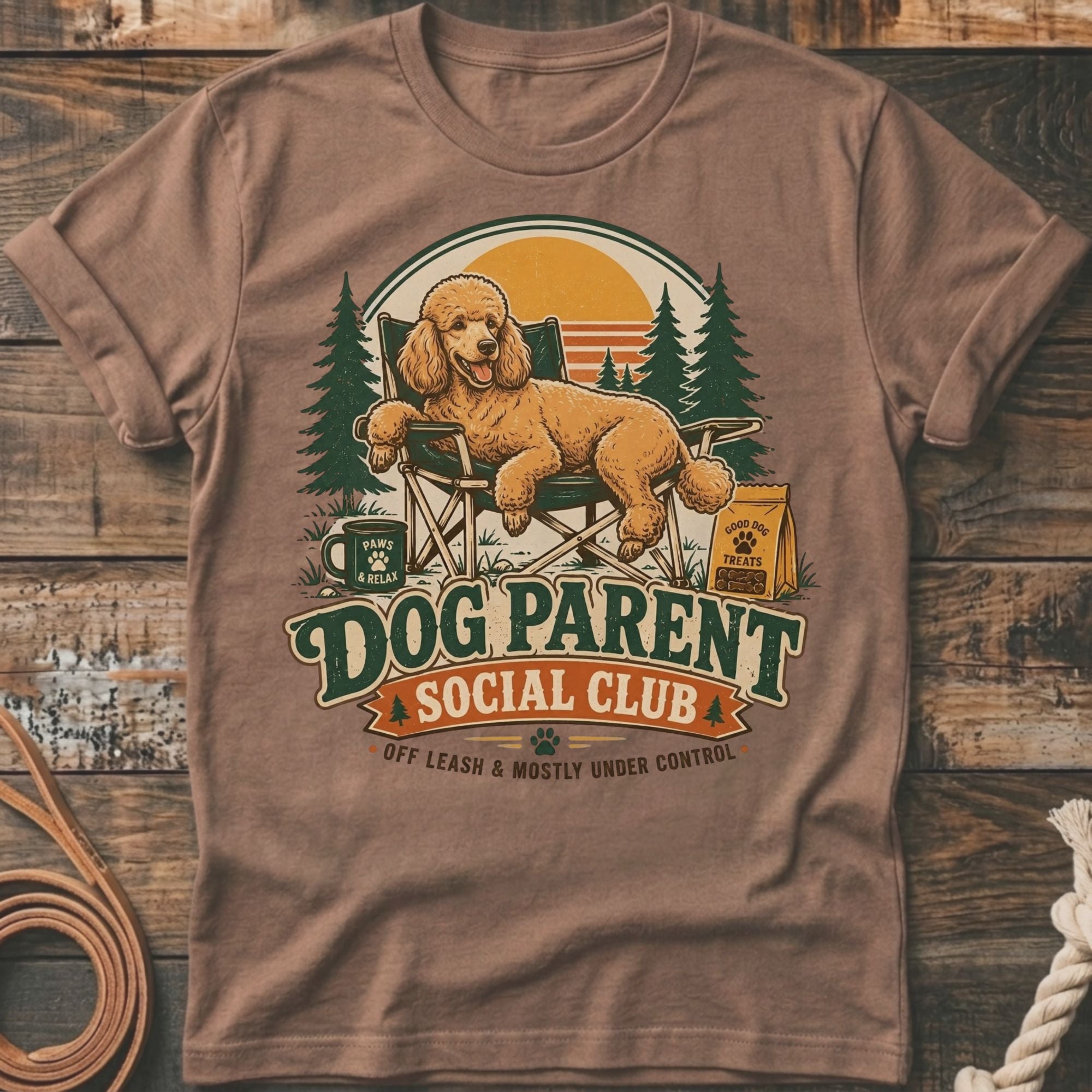 Poodle relaxes in chair with "Dog Parent Social Club" text and vintage sunset design.