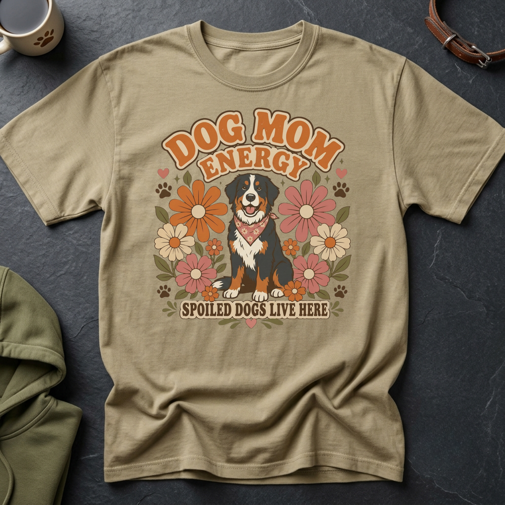 Bernese Mountain Dog on t-shirt with text "Dog Mom Energy Spoiled Dogs Live Here"
