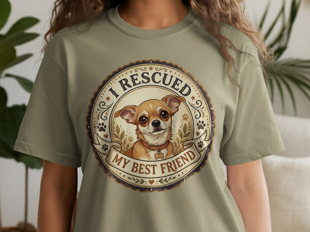 Chihuahua portrait on a t-shirt reading "I RESCUED MY BEST FRIEND".